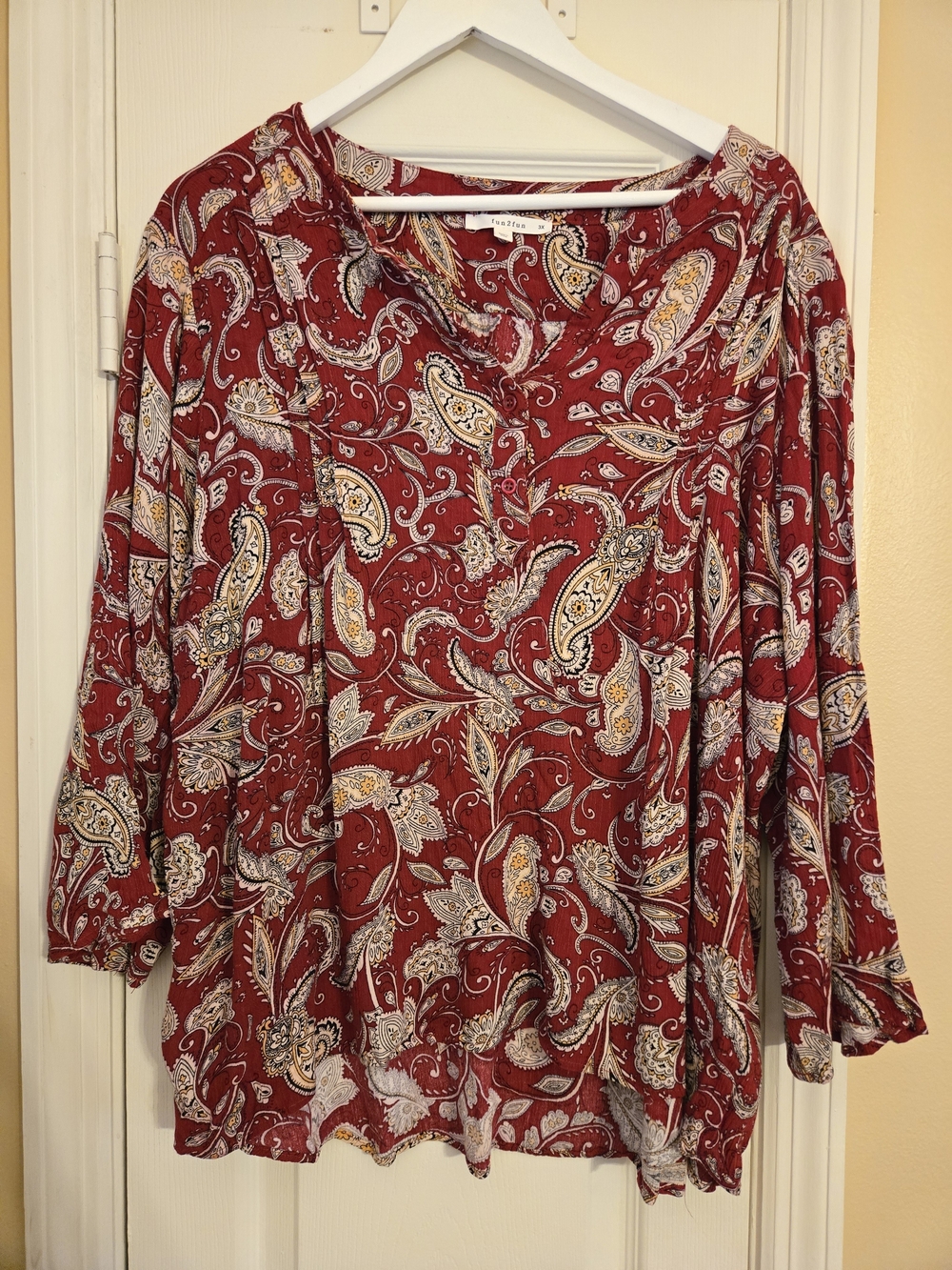 Ladies' Paisley Red Blouse - Soft V-Neck Top Size 3X